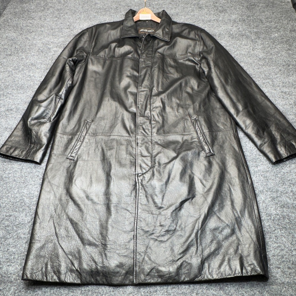 Vintage Casablanca Leather Trench Coat Mens XL Black Car Jacket Matrix Goth Y2K